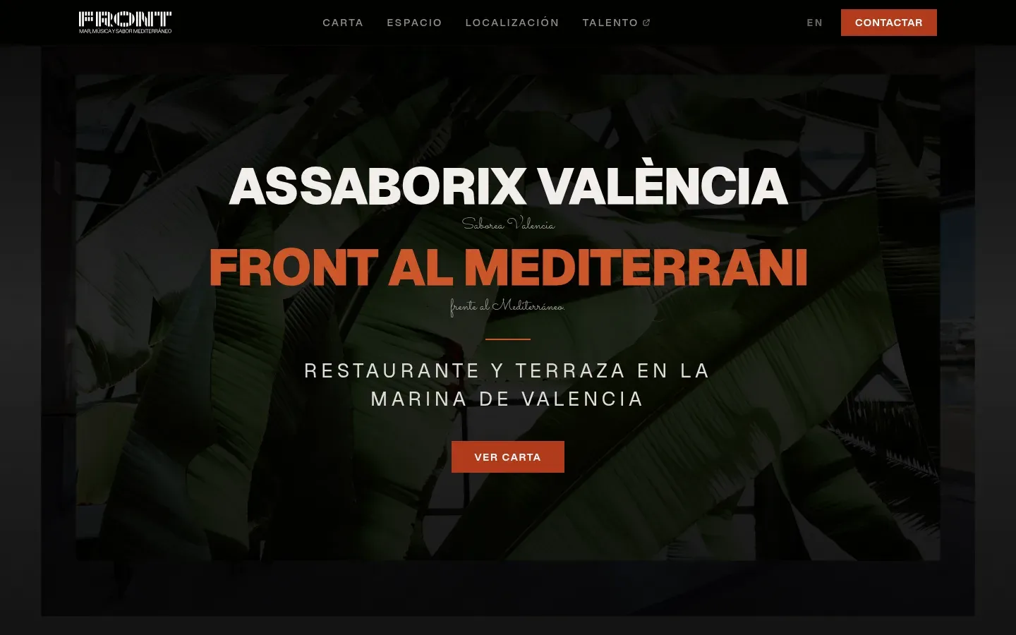 Home de la web del restaurante Front Valencia: cabecera con foto del local, menú destacado y botón de reserva.